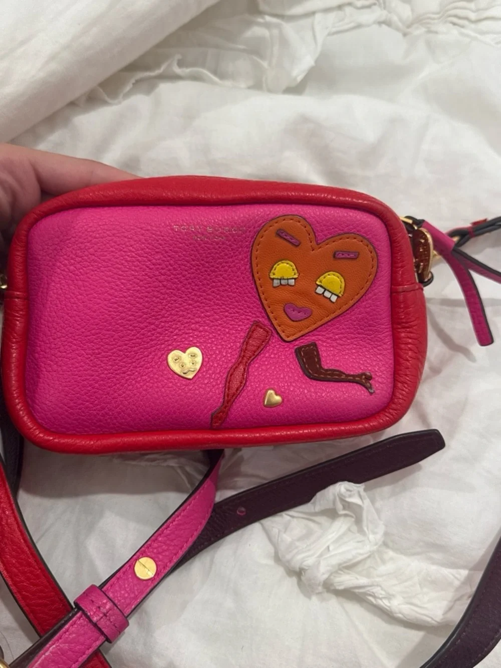 Tory Burch Pink and Red Leather Crossbody with Heart Appliqué